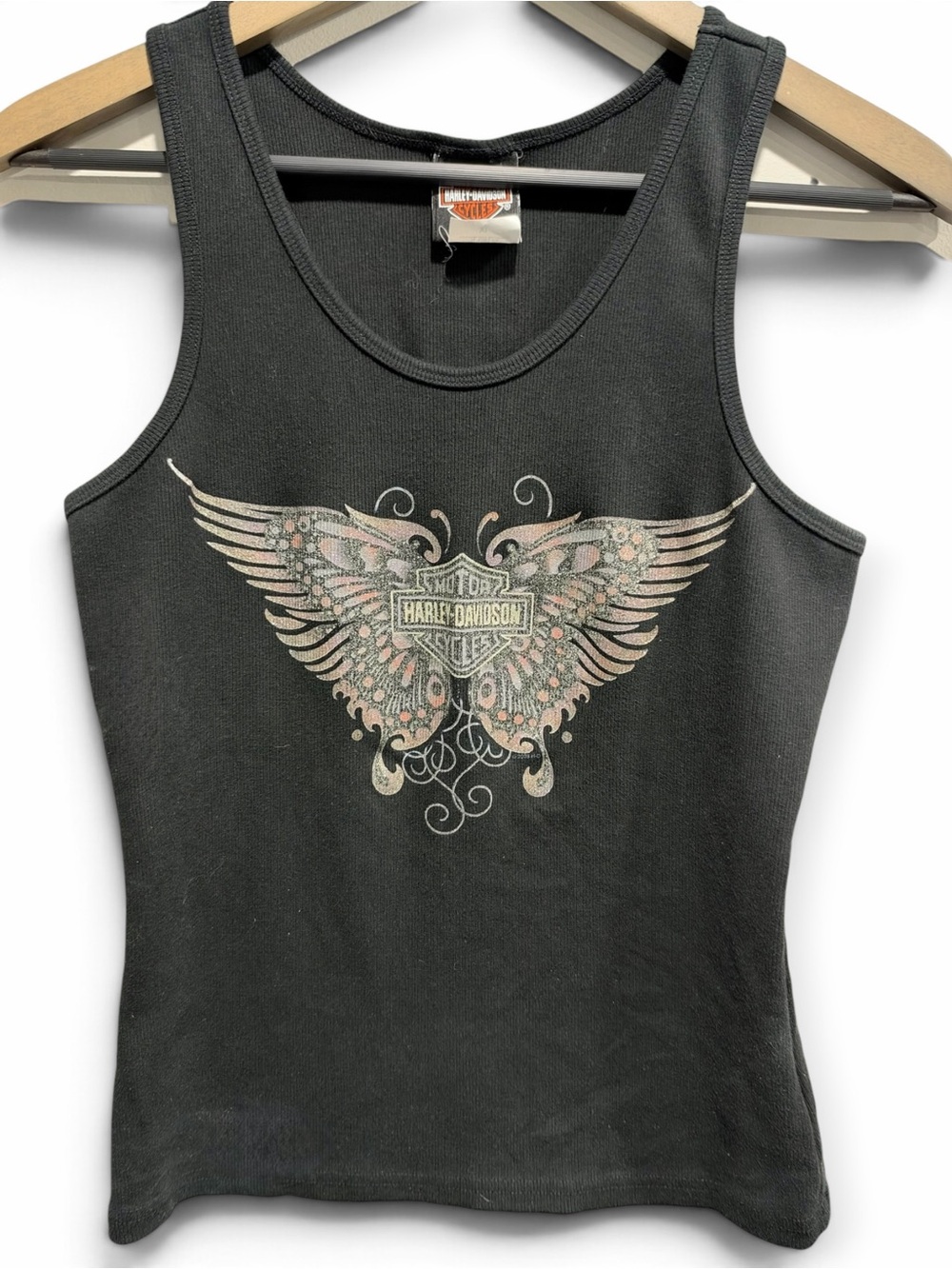 Harley Davidson Y2K Pink Glitter Butterfly Ribbed Tank Top Black XL Tilley